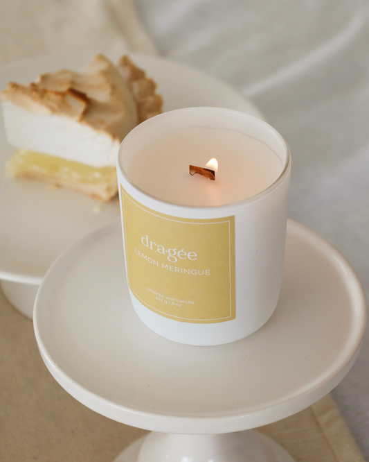 Lemon Meringue coconut wax gourmand scented candle with wood wick in glass white matte jar by Dragée Candle Company.